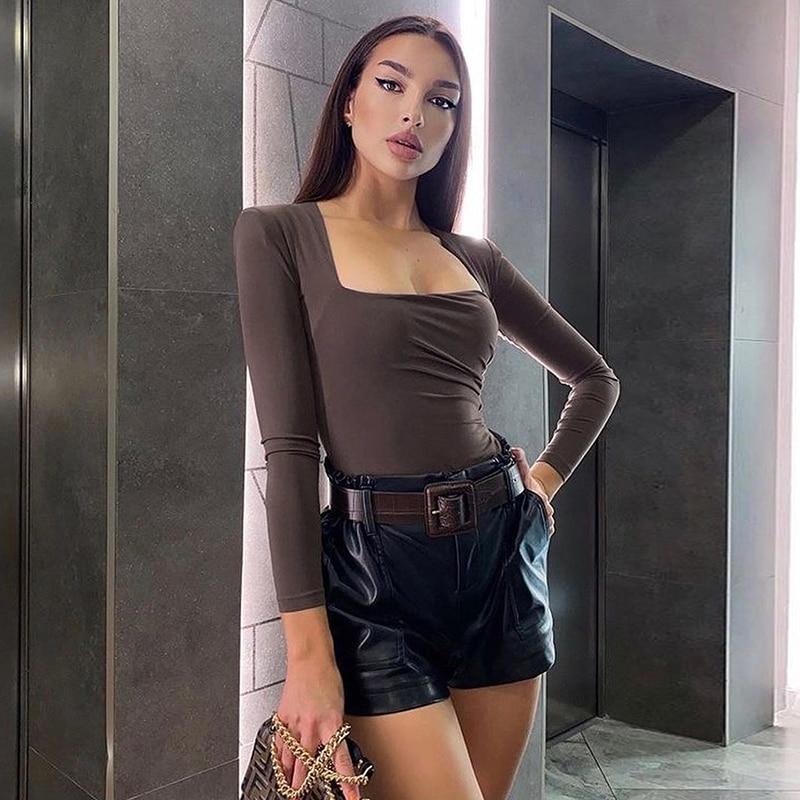 Long Sleeve Solid Square Collar Bodycon Bodysuit