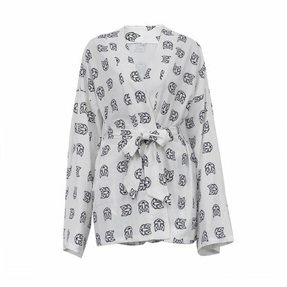 Casual Tie-Waist Long Sleeve Pajama Set with High Waisted Shorts