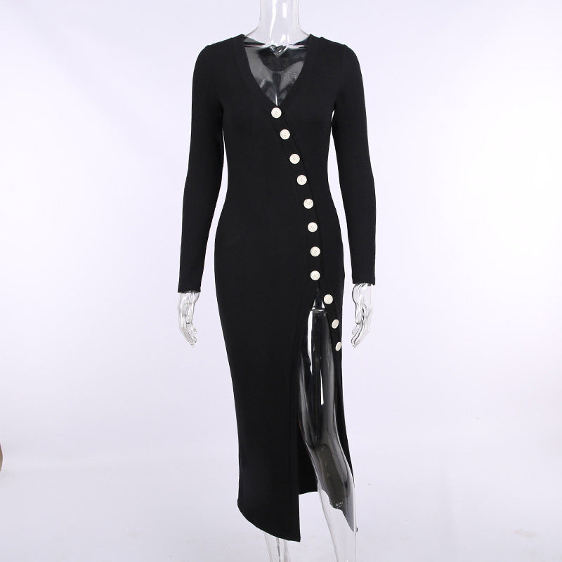 Knitted Women Long Sleeve Hem Slit Dress