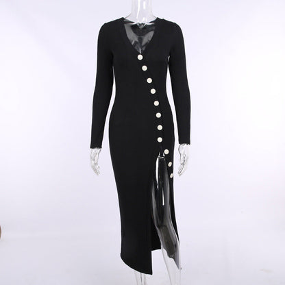 Knitted Women Long Sleeve Hem Slit Dress