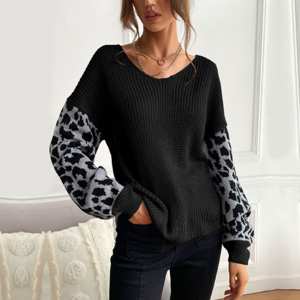 Womens V Neck Sweater With Leopard Sleeves