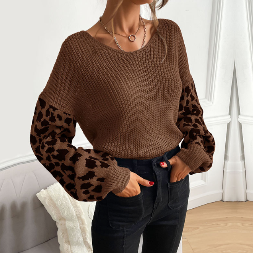 Womens V Neck Sweater With Leopard Sleeves