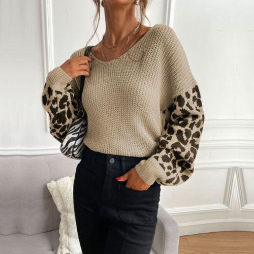 Womens V Neck Sweater With Leopard Sleeves