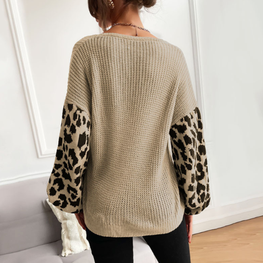 Womens V Neck Sweater With Leopard Sleeves