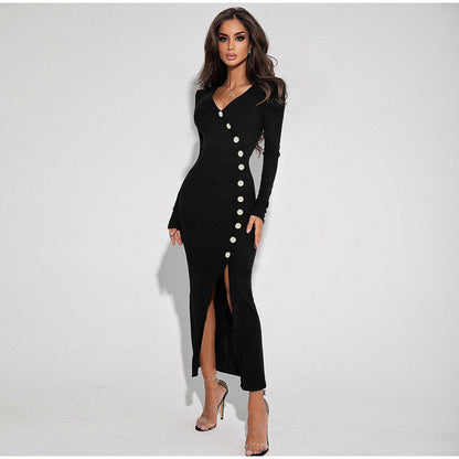 Knitted Women Long Sleeve Hem Slit Dress