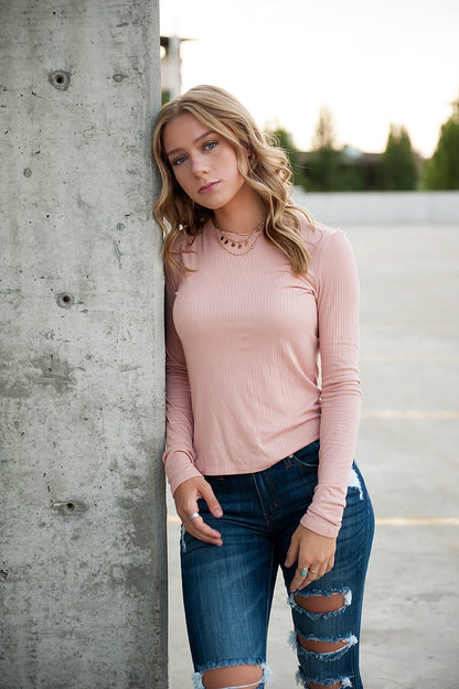 Crew Neck Long Sleeve Tee in Dusty Pink